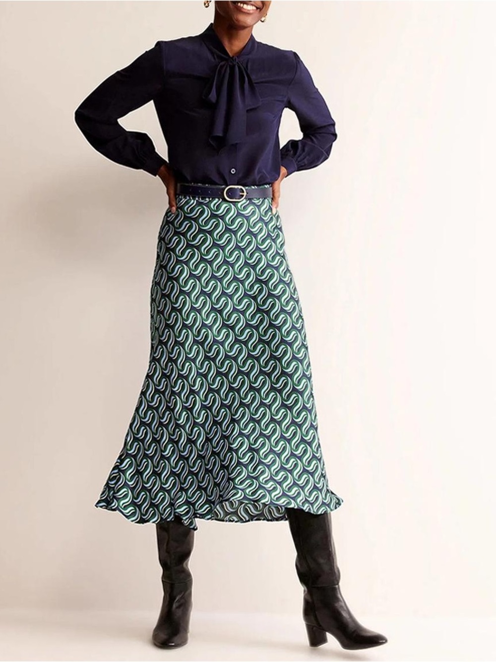BODEN Green Wave-Print Midi Skirt